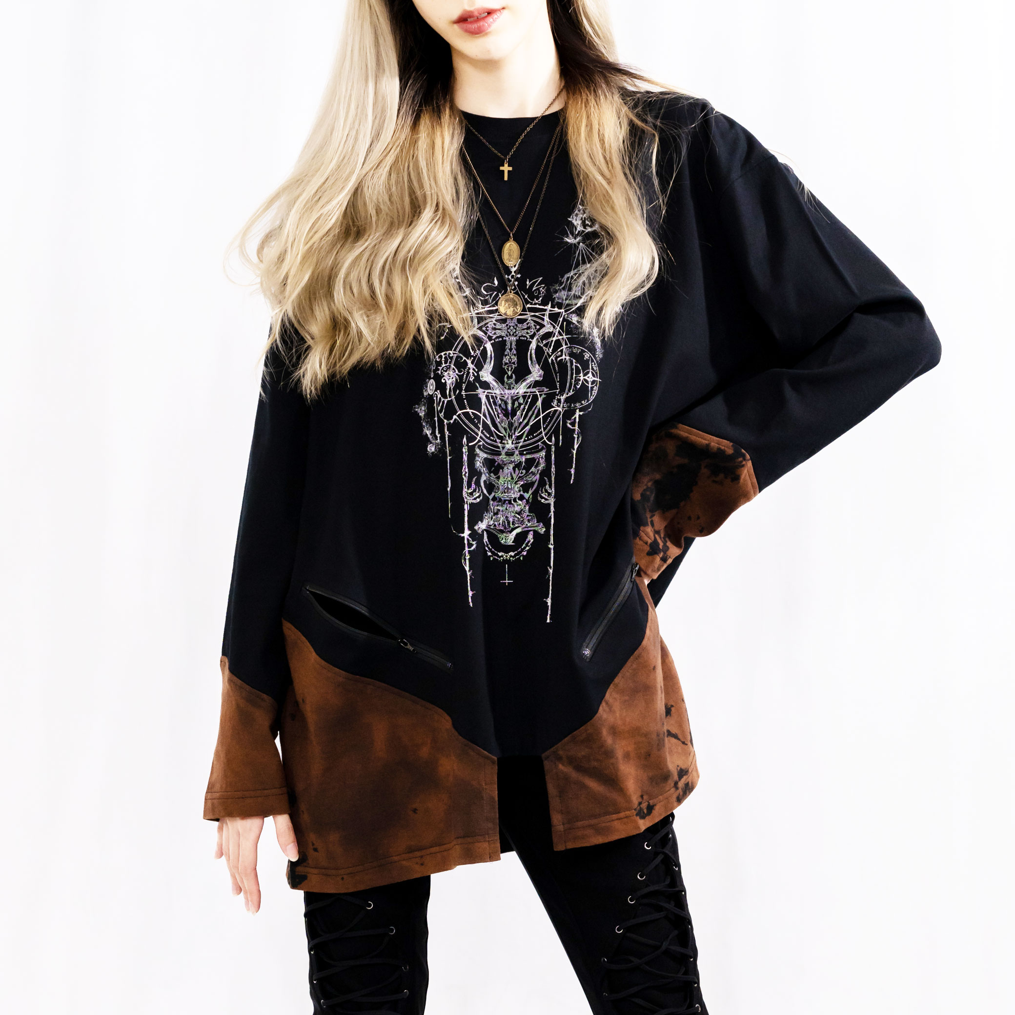 Uneven Dye with Zipper Long Sleeve T Shirt 3547104a