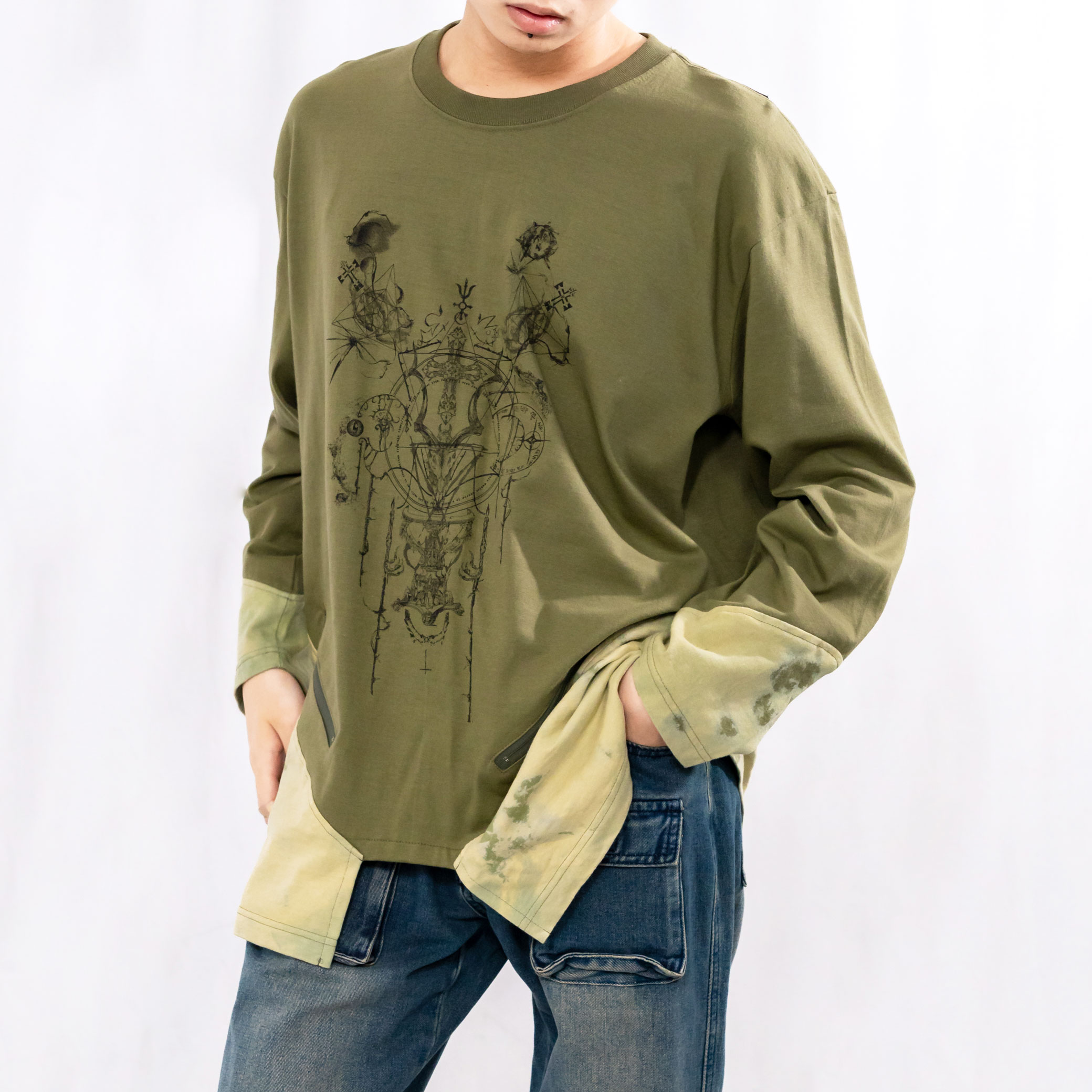 Uneven Dye with Zipper Long Sleeve T Shirt 3547104c