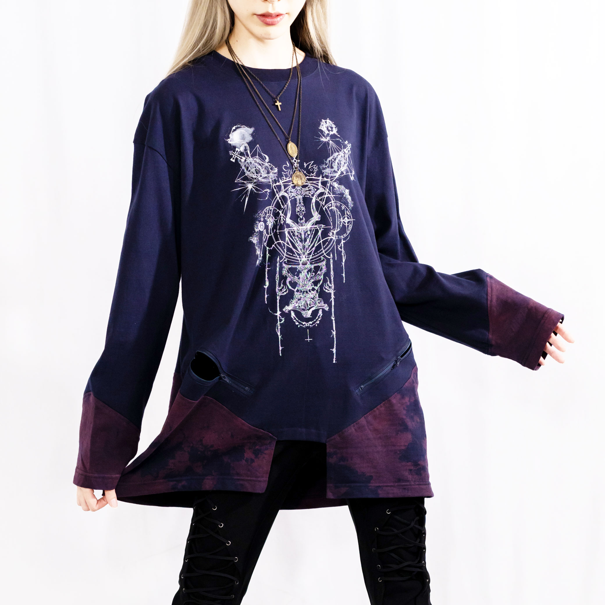 Uneven Dye with Zipper Long Sleeve T Shirt 3547104l
